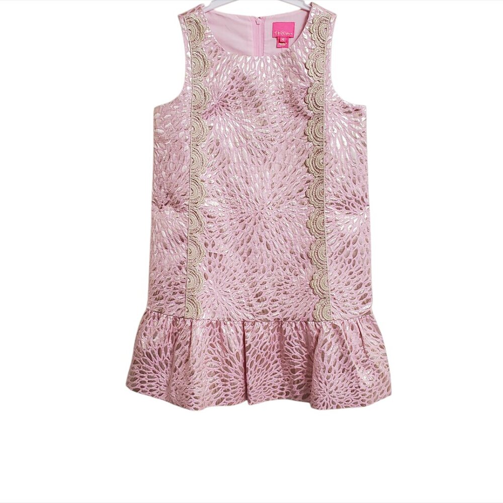 Lilly Pulitzer Girls Thalia Dress 10 Prosecco Pink Lagoon Jacquard Gold …